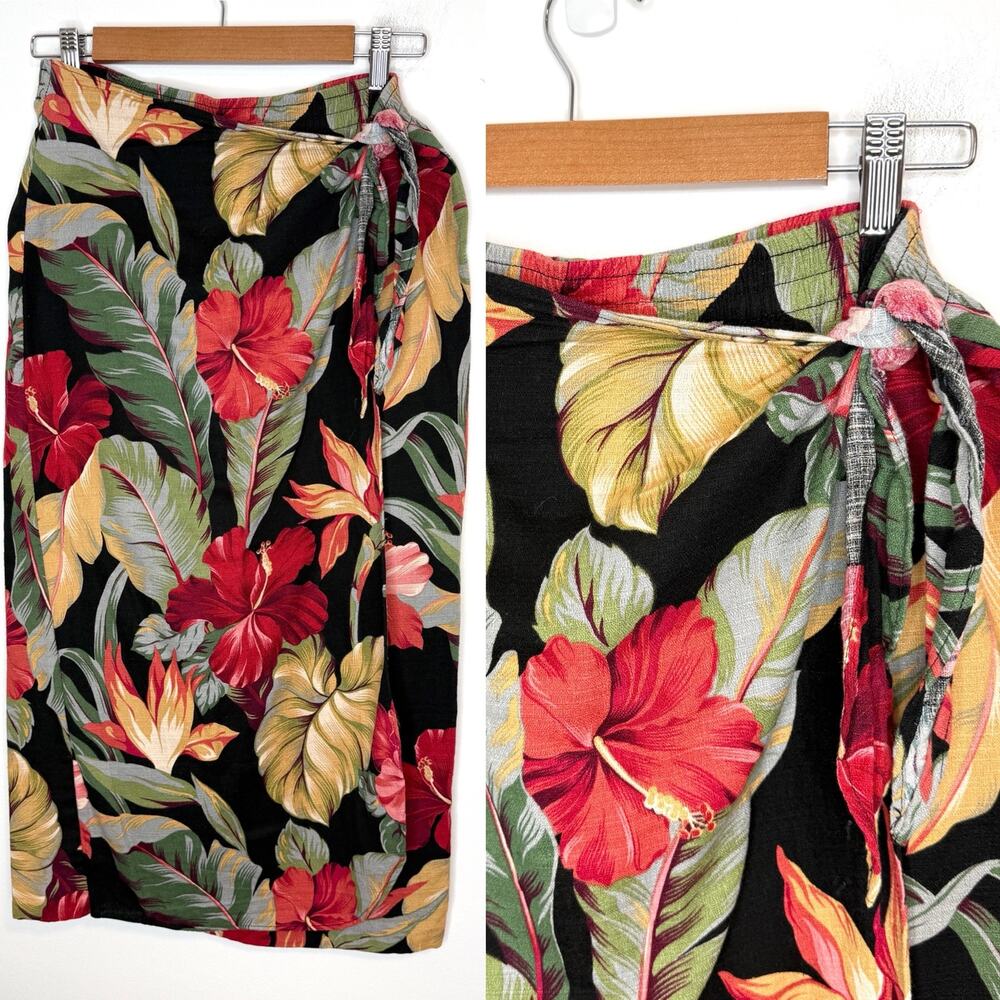 Vintage 90s Young Hawaii Tropical Floral Hibiscus Hanape Wrap Maxi Skirt Medium